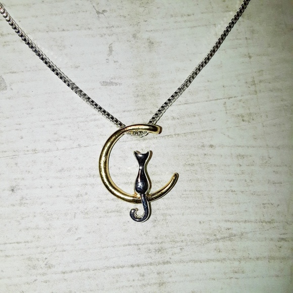 Gold & Silver Crescent Moon Cat Pendant Necklace - Picture 5 of 6